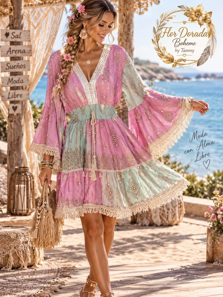 Vestido boho rosado y menta con mangas acampanadas