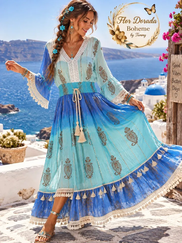 Vestido largo azul degradado con encaje