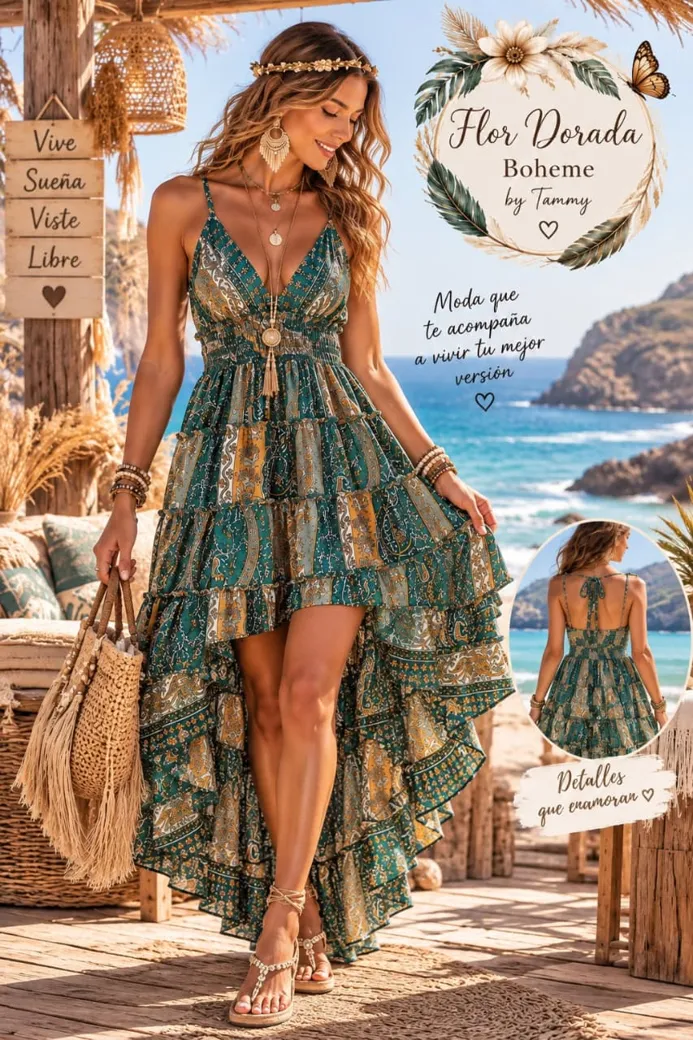 Vestido largo verde con cinturón dorado