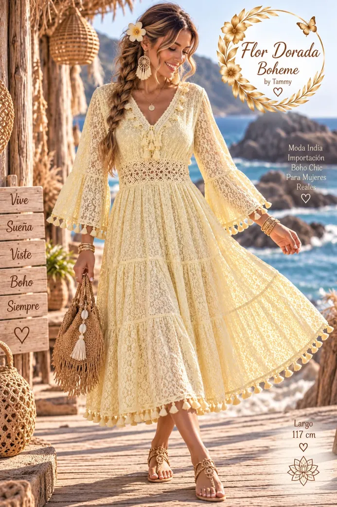 Vestido largo amarillo de encaje