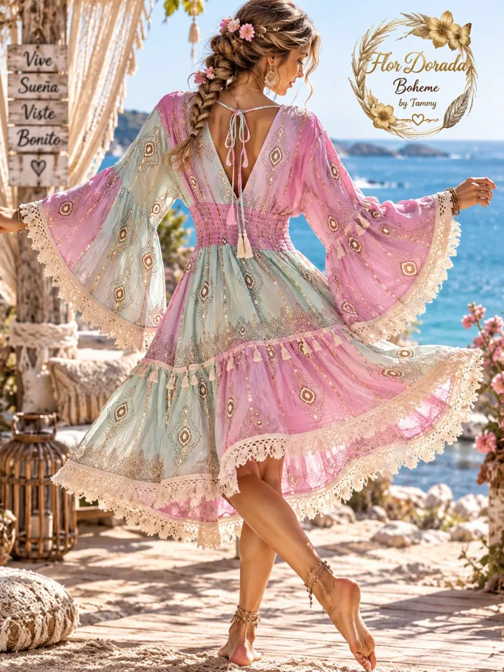 Vestido boho rosado, vista de espalda