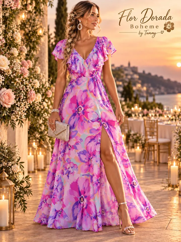 Vestido largo fucsia floral con abertura