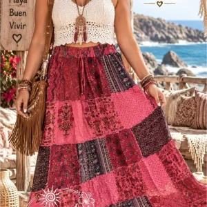 Falda maxi Patchwork Frambuesa